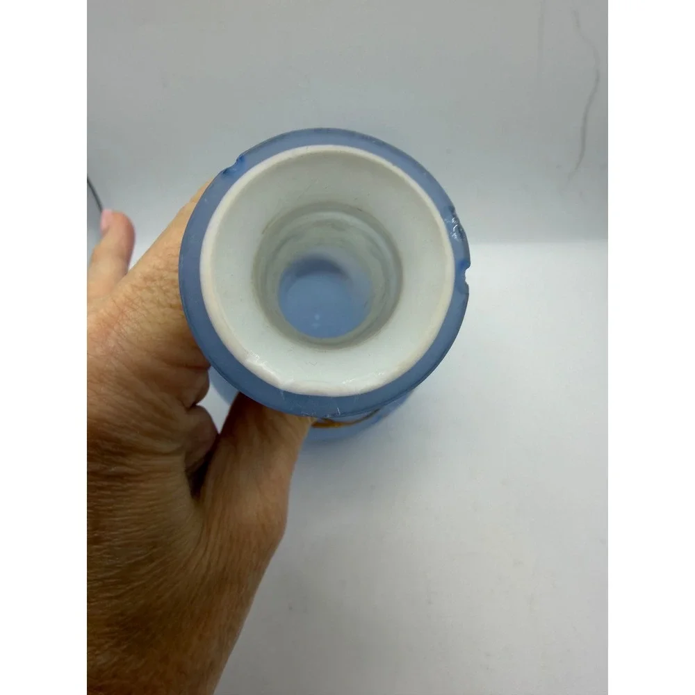 Vintage Light Blue Satin Frosted Glass Bud Vase‎ Hand Painted Gold Gilt 8 Inch